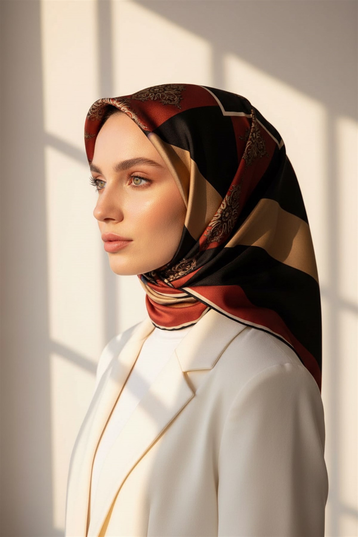 %100 Twill İpek Geometrik ve Barok Desenli Taba - Siyah Renkli 90x90 Eşarp Dikim Şekli : El Dikişi
