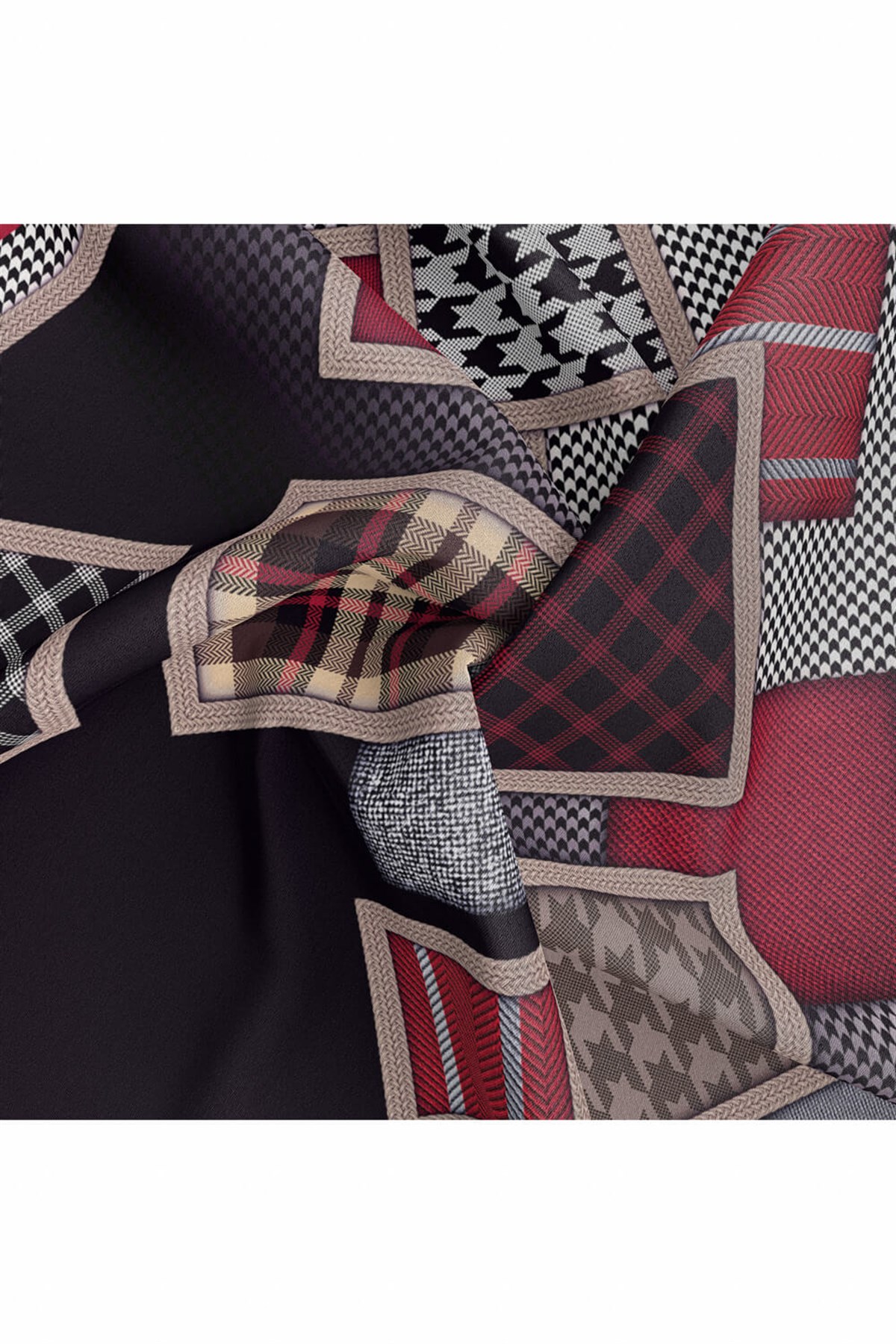 %100 Twill İpek Kazakayaklı Ve Ekose Desenli Siyah - Bordo Renkli 90x90 Eşarp Dikim Şekli : El Dikişi