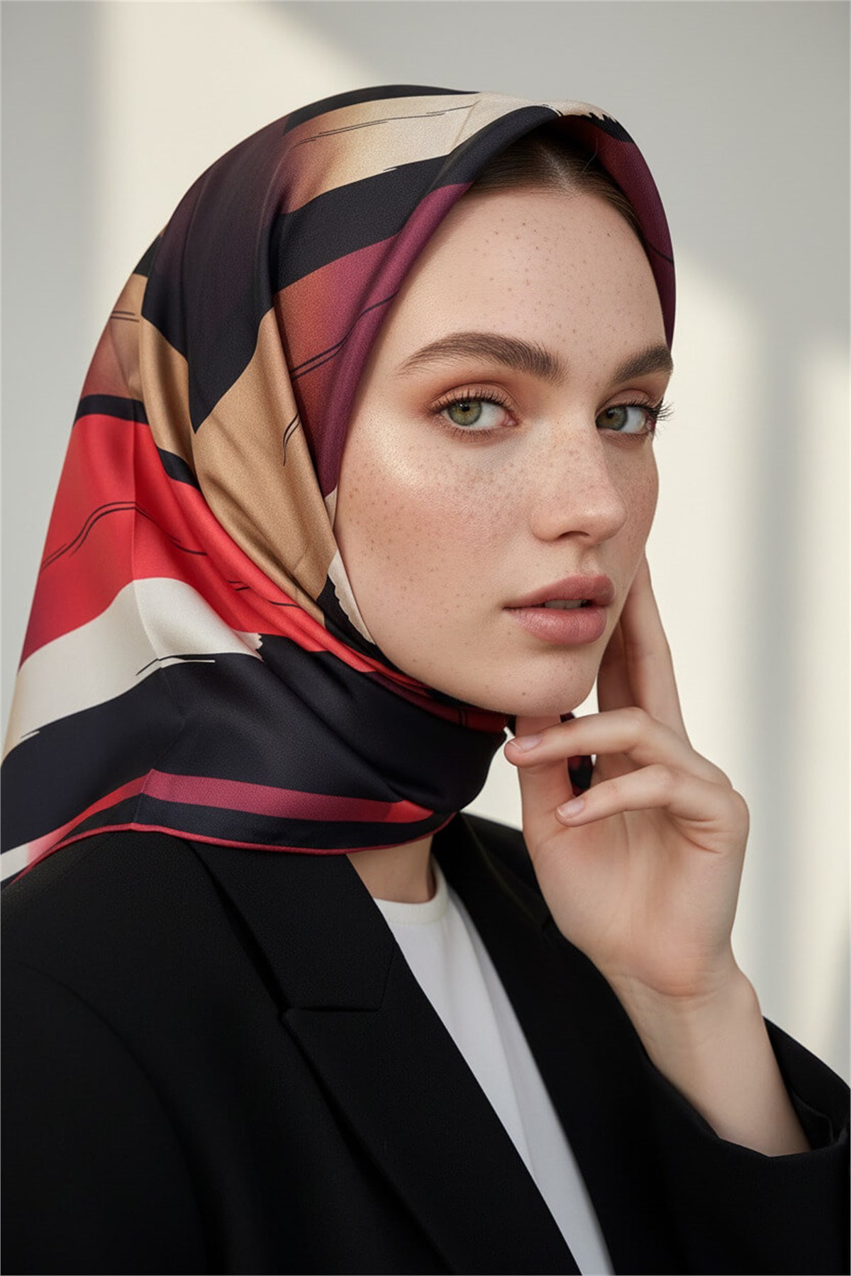 %100 Twill İpek Geometrik Fırça İzi Desenli Siyah - Bordo Renkli 90x90 Eşarp Dikim Şekli : El Dikişi