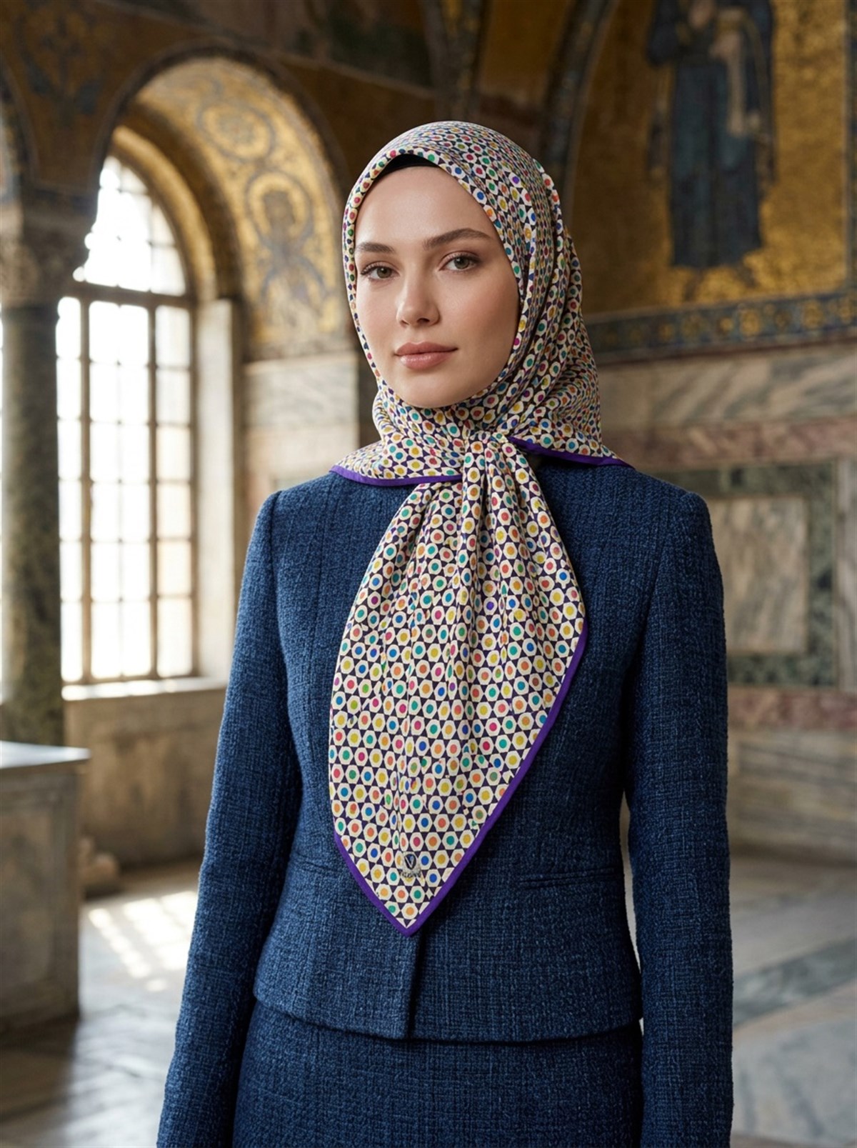 %100 Twill İpek Nokta Desenli Krem - Mor Renkli 90x90 Eşarp Dikim Şekli : El Dikişi