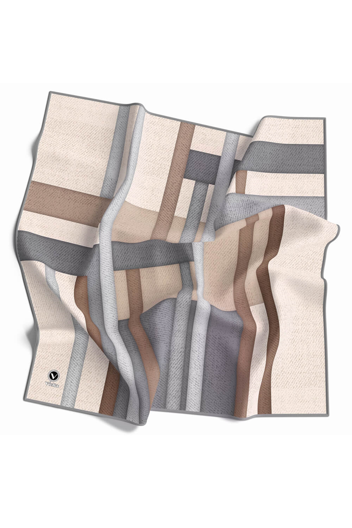 Twill Renkli Şerit Desenli Gri Renkli 90x90 Eşarp (İpek İçermez) Kenar Dikiş Şekli El Dikişli