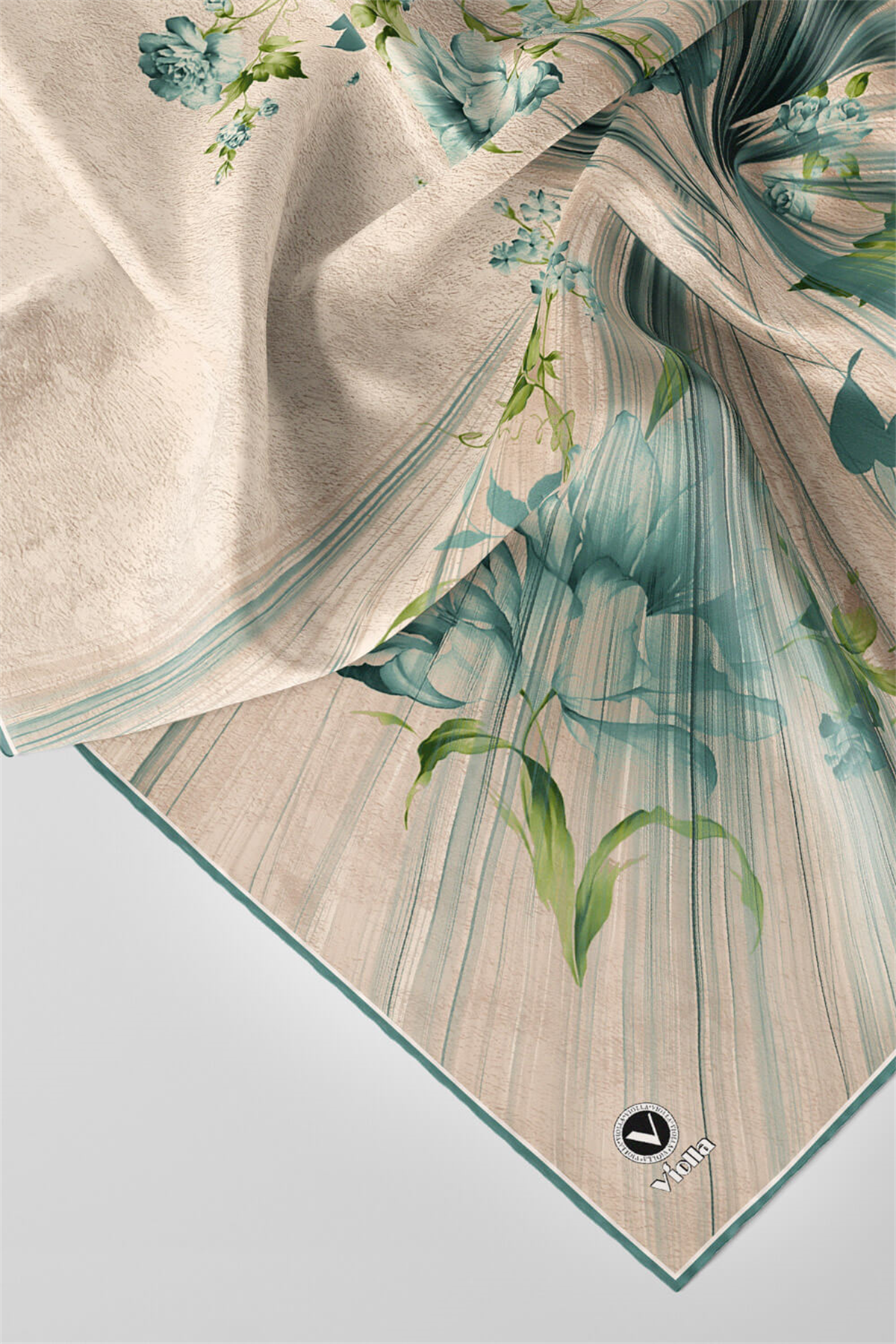 Twill Çiçekli Desenli Mint Yeşili Renkli 90x90 Eşarp (İpek İçermez) Kenar Dikiş Şekli El Dikişli