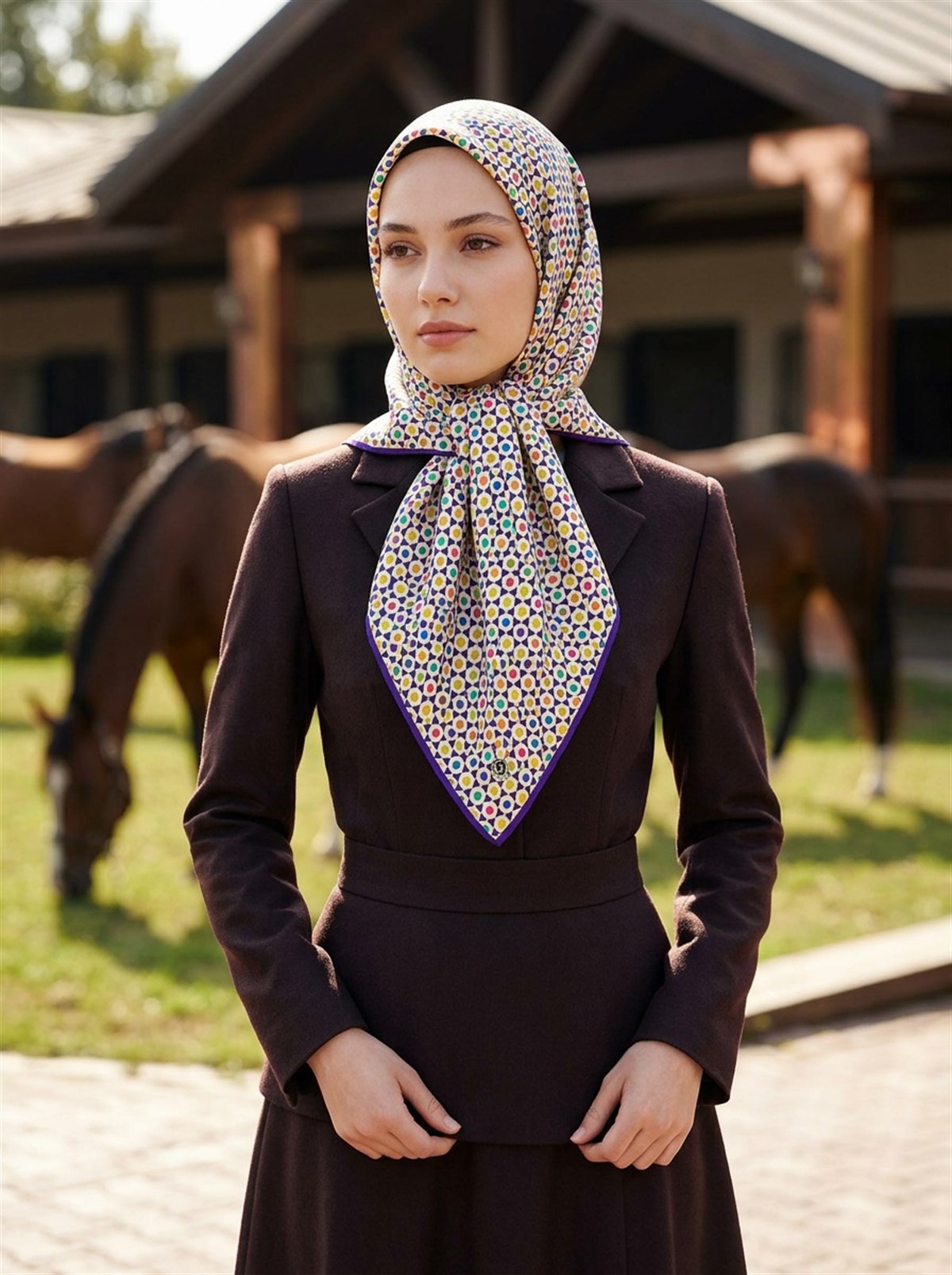 %100 Twill İpek Nokta Desenli Krem - Mor Renkli 90x90 Eşarp Dikim Şekli : El Dikişi
