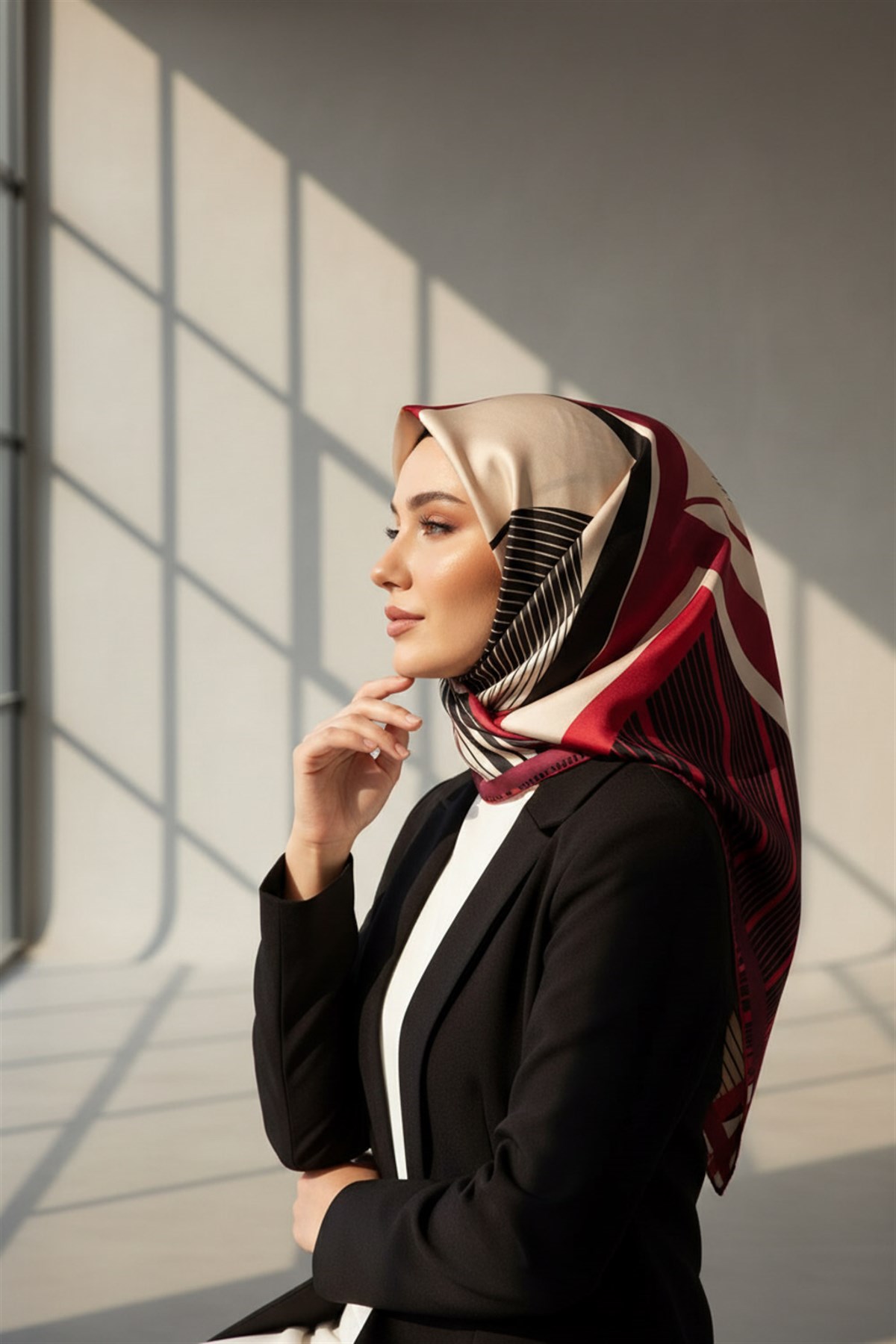 %100 Twill İpek Çizgili Geometrik Desenli Kırmızı - Krem Renkli 90x90 Eşarp Dikim Şekli : El Dikişi