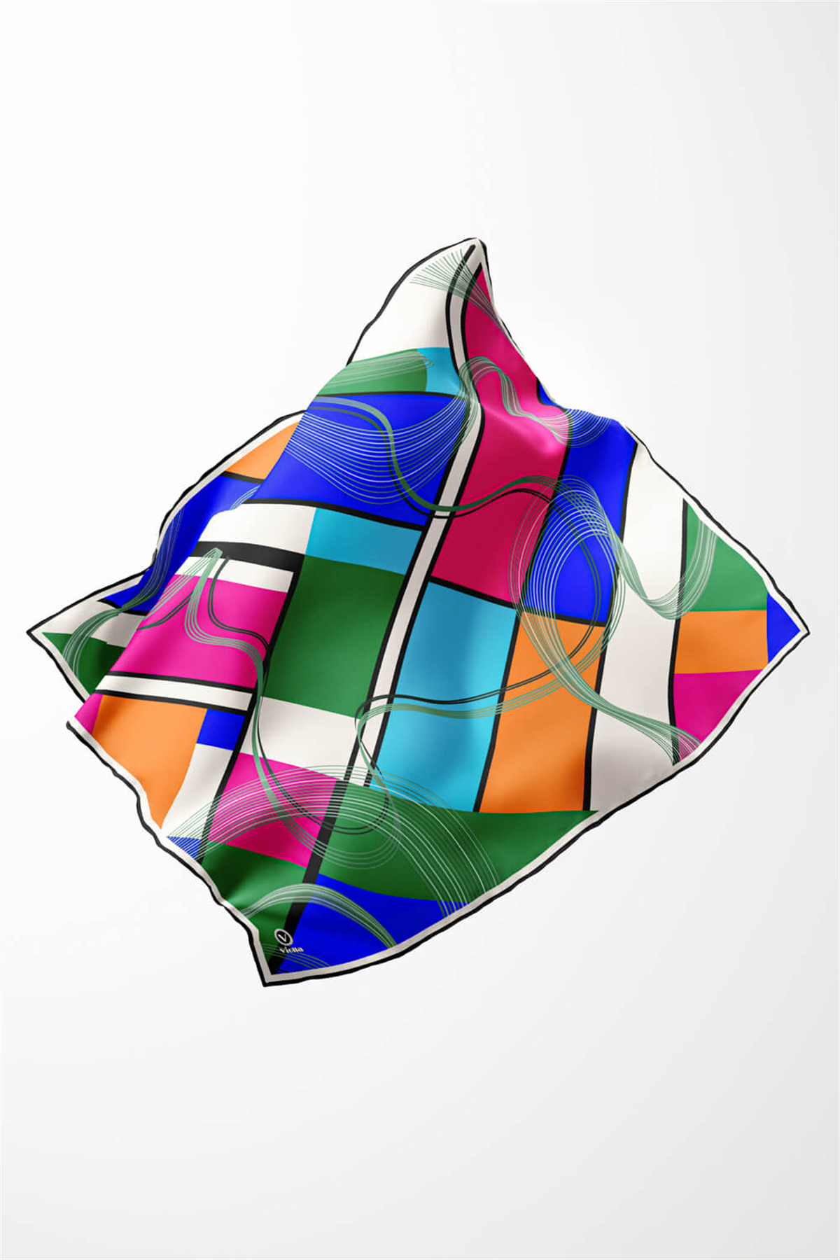 Twill Geometrik Desenli Fuşya - Saks Renkli 90x90 Eşarp (İpek İçermez) Dikim Şekli : El Dikişi