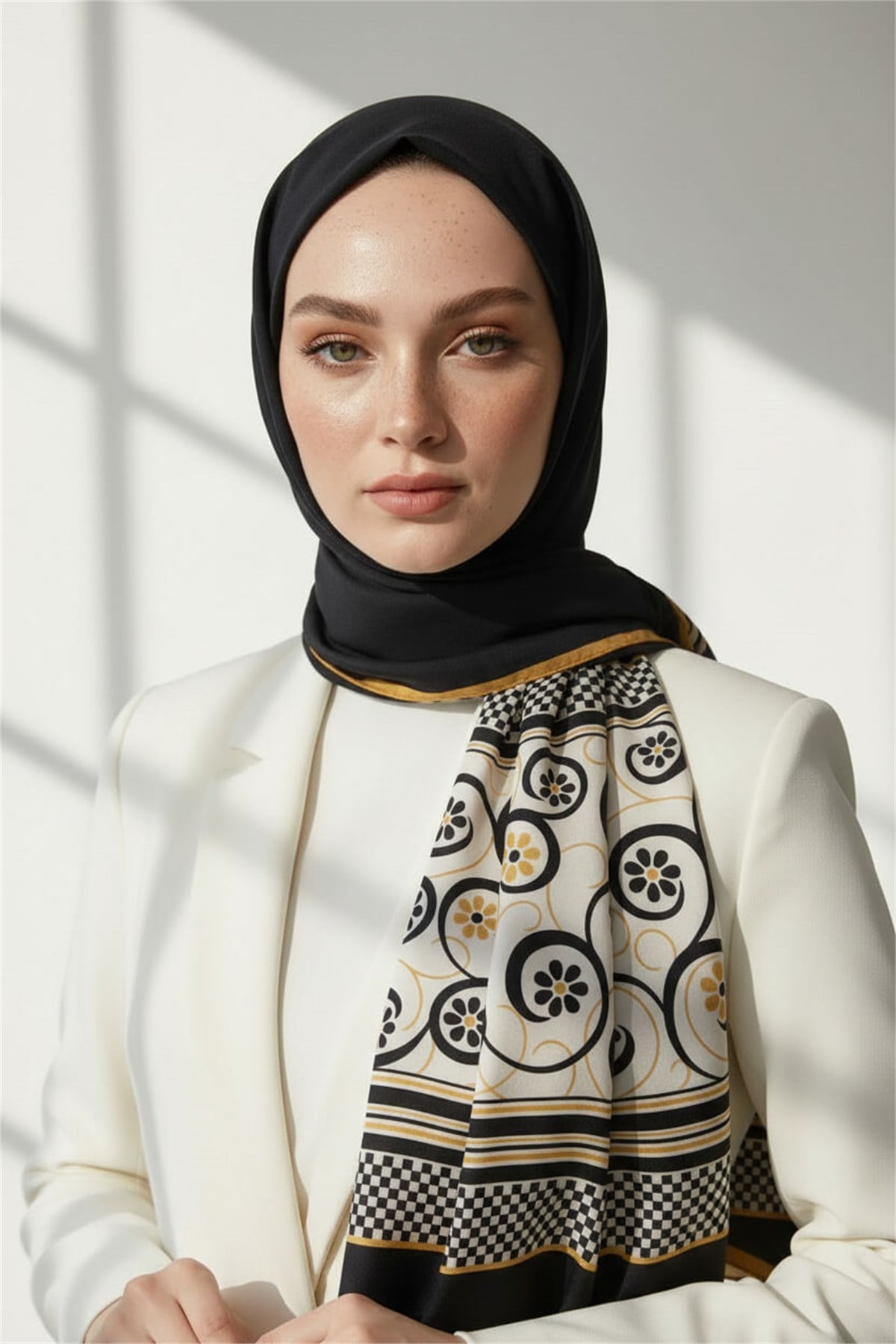 KREP KENAR MOTİFİ ÇİÇEK DESENLİ SİYAH - GOLD RENKLİ 75X195 KIRIŞMAZ ŞAL