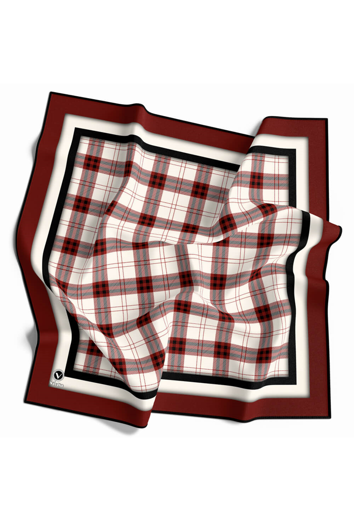 Twill Ekose Desenli Bordo Renkli 90x90 Eşarp (İpek İçermez) Kenar Dikiş Şekli El Dikişli