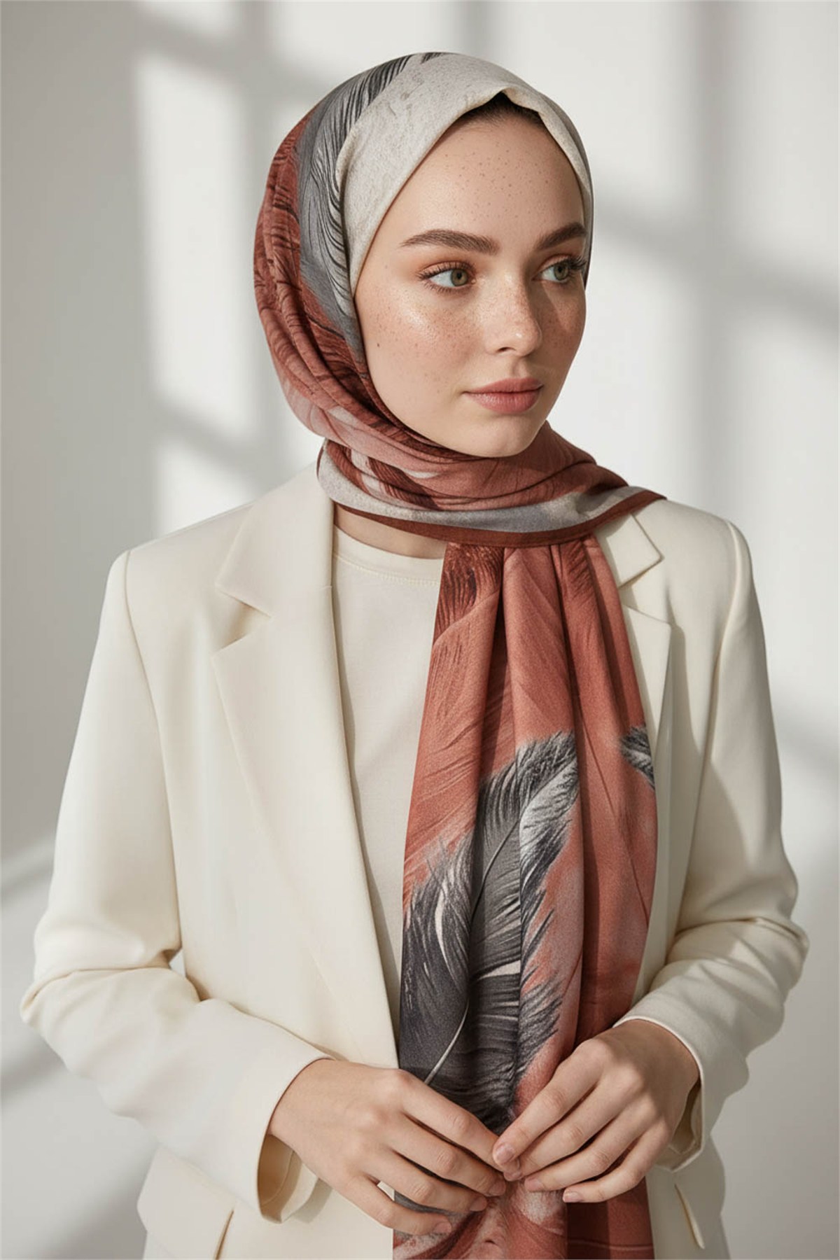 KREP YAPRAK DESENLİ GÜL KURUSU - GRİ RENKLİ 75X195 KIRIŞMAZ ŞAL