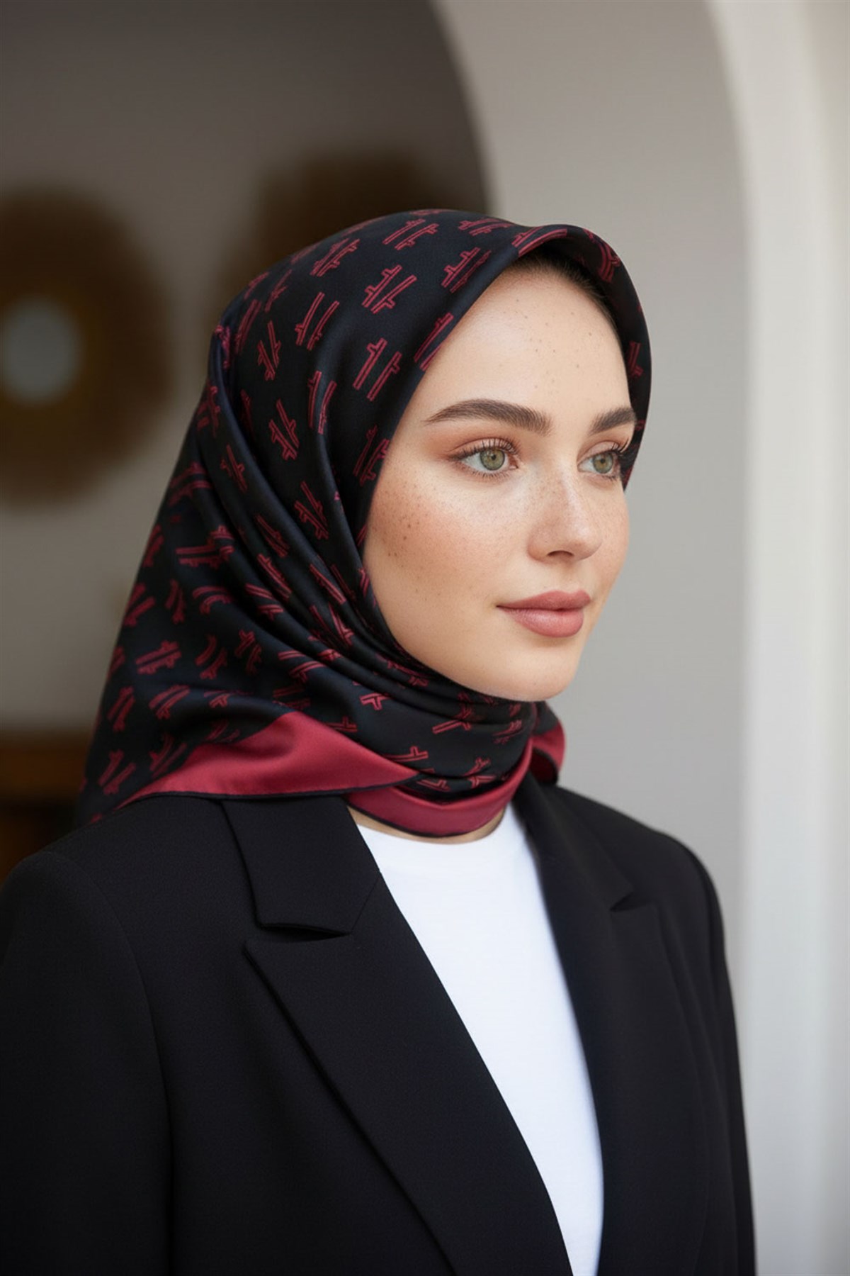 %100 Twill İpek Geometrik Desenli Bordo - Siyah Renkli 90x90 Eşarp Dikim Şekli : El Dikişi