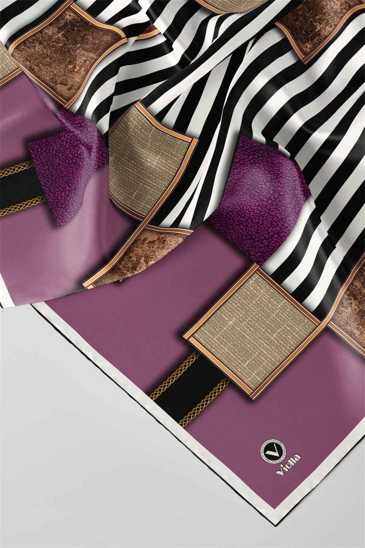 Twill Geometrik Ve Çizgili Desenli Mor Renkli 90x90 Eşarp (İpek İçermez) Dikim Şekli : El Dikişi