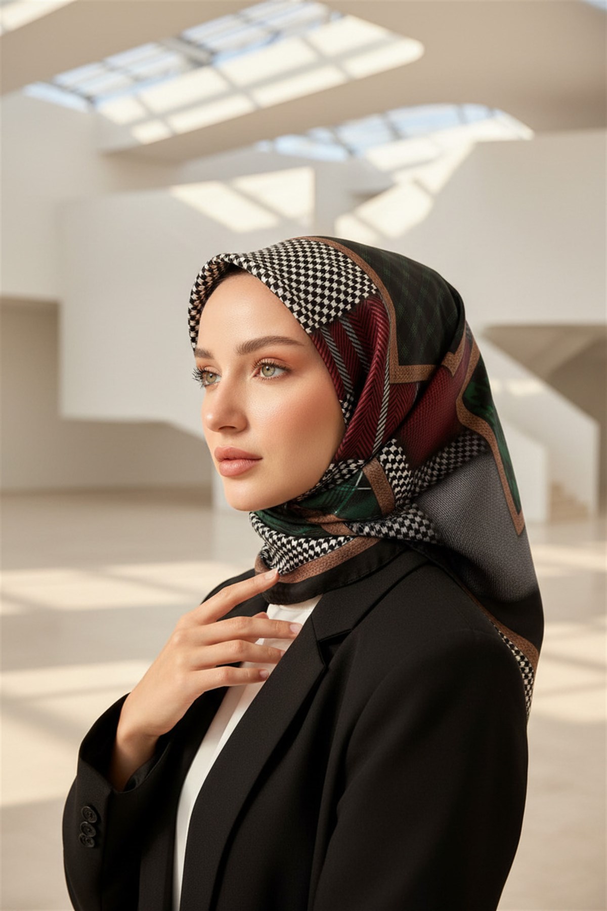 %100 Twill İpek Kazakayaklı Ve Ekose Desenli Siyah - Zümrüt Yeşili Renkli 90x90 Eşarp Dikim Şekli : El Dikişi