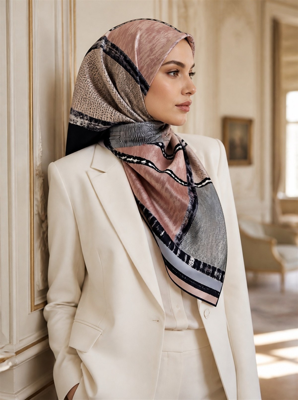 %100 Twill İpek Geometrik Desenli Somon - Bebe Mavisi Renkli 90x90 Eşarp Dikim Şekli : El Dikişi