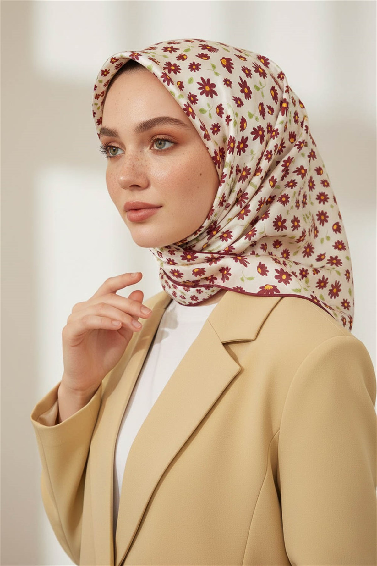 %100 Twill İpek Papatya Desenli Krem - Kırmızı Renkli 90x90 Eşarp Dikim Şekli : El Dikişi