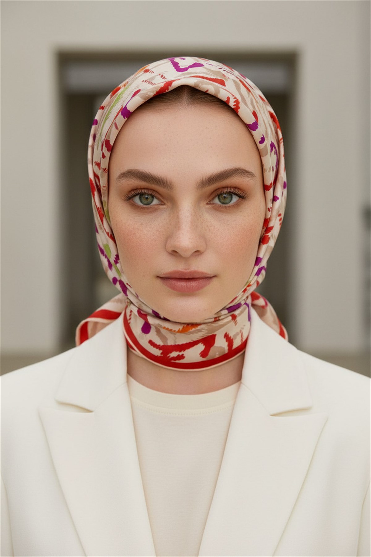 %100 Twill İpek Geometrik Desenli Kırmızı- Mürdüm Renkli 90x90 Eşarp Dikim Şekli : El Dikişi