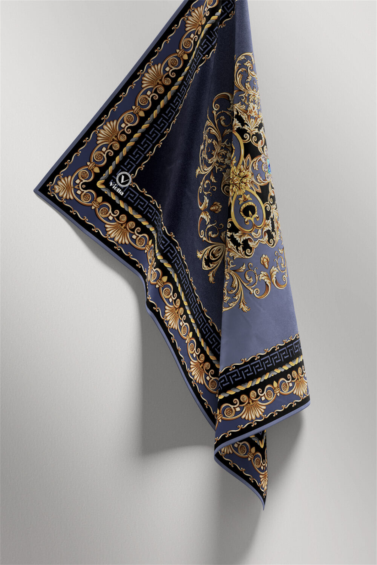 Twill Barok Desenli İndigo Renkli 90x90 Eşarp (İpek İçermez) Dikim Şekli : El Dikişi