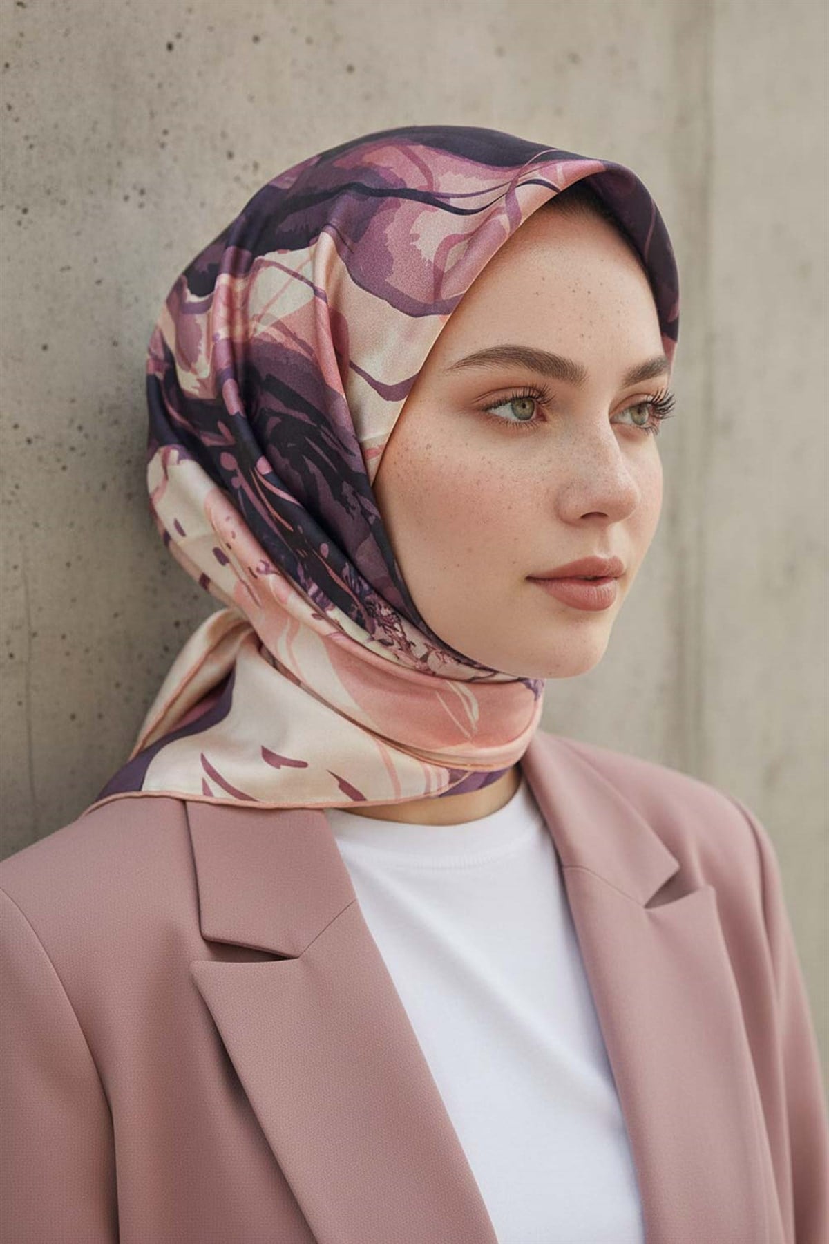 %100 Twill İpek Çiçekli Sulu Boya Dalga Desenli Pudra - Gül Kurusu Renkli 90x90 Eşarp Dikim Şekli : El Dikişi