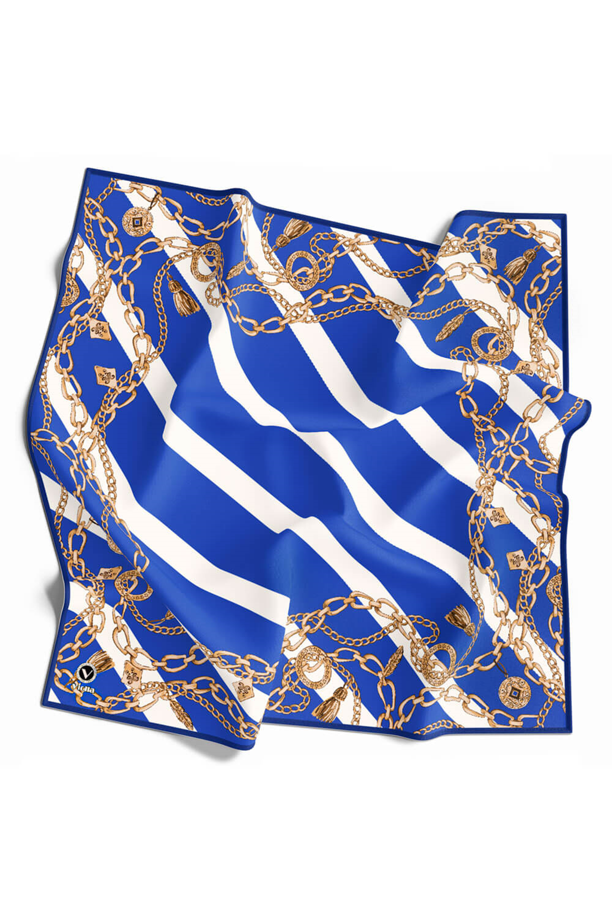 Twill Çizgili Zincir Desenli Saks Renkli 90x90 Eşarp (İpek İçermez) Kenar Dikiş Şekli El Dikişli