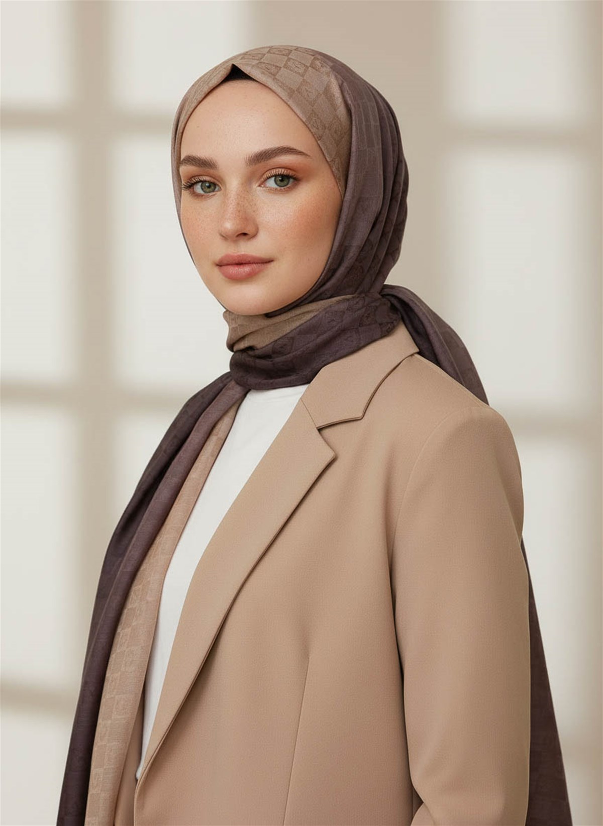 Vissona %57 İPEK %43 PAMUK Degrade Desenli Bej Renkli Şal -  70x190 Dikiş Tipi İtalyan Dikişli