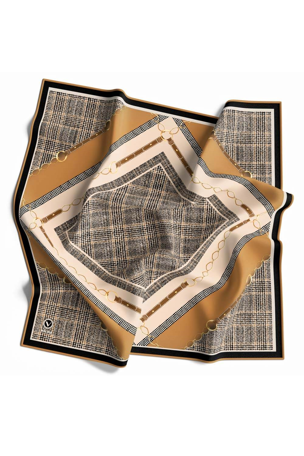 Twill Kemer ve Zincir Detaylı Ekose Desenli Hardal Renkli 90x90 Eşarp (İpek İçermez) Kenar Dikiş Şekli El Dikişli