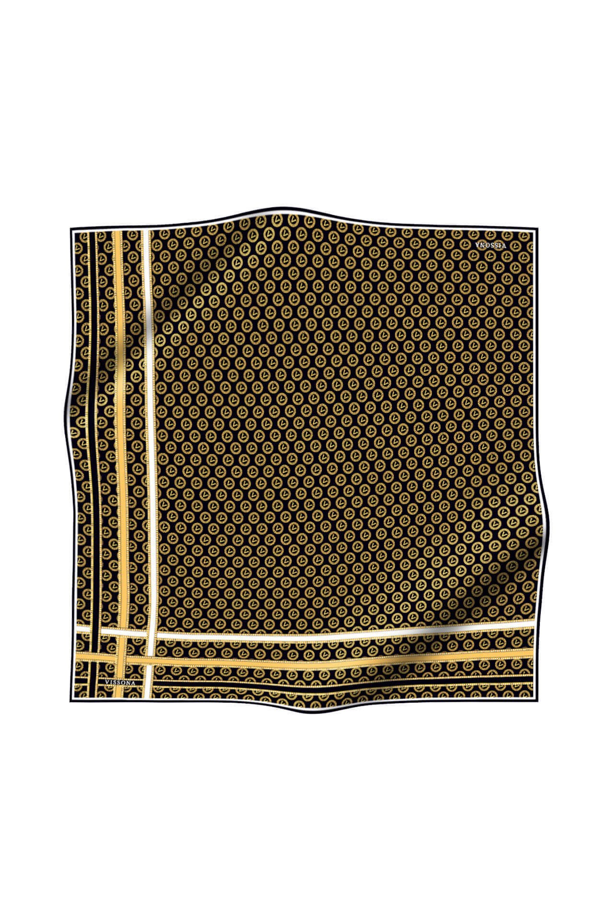 %100 Twill İpek Monogram Desenli Siyah - Gold Renkli 90x90 Eşarp Dikim Şekli : El Dikişi