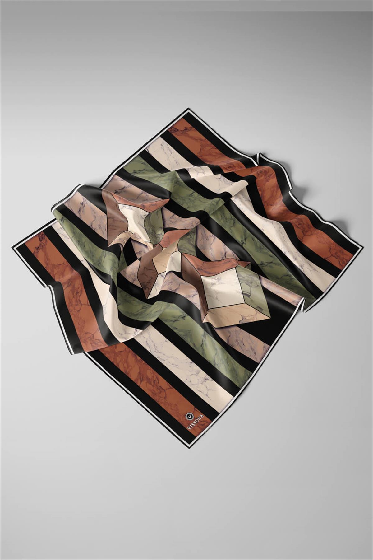 %100 Twill İpek Geometrik Mermer Desenli Haki - Bakır Renkli 90x90 Eşarp Dikim Şekli : El Dikişi