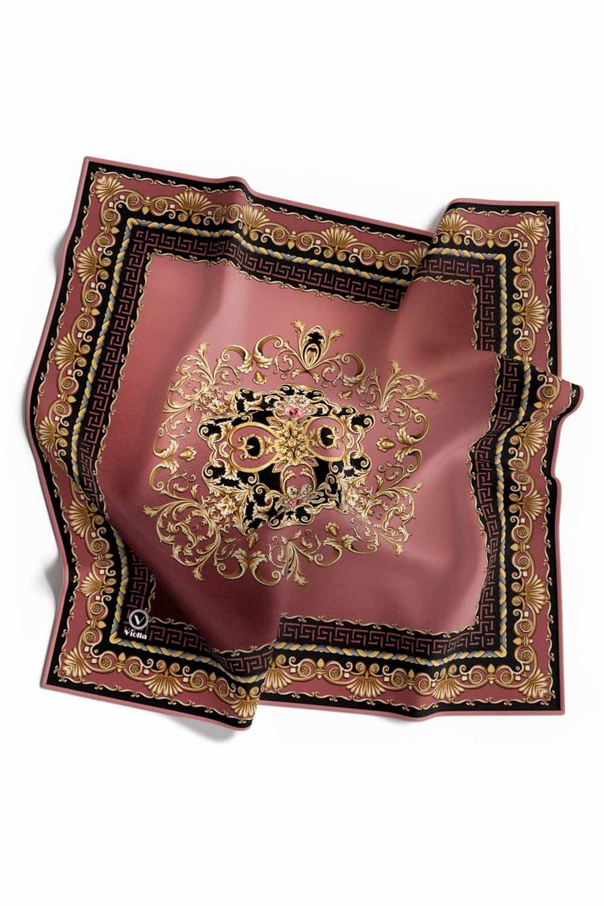 Twill Barok Desenli Gül Kurusu Renkli 90x90 Eşarp (İpek İçermez) Dikim Şekli : El Dikişi