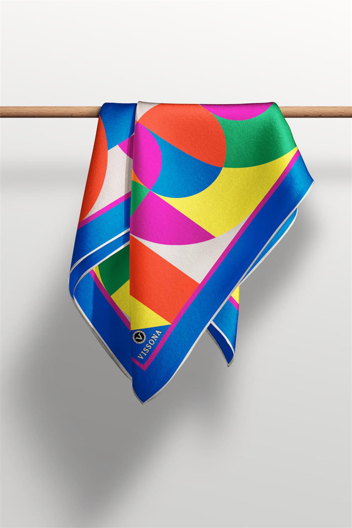 %100 Twill Renk Bloklu Çizgili Desenli Saks - Turuncu Renkli 90x90 Eşarp Dikim Şekli: El Dikişii