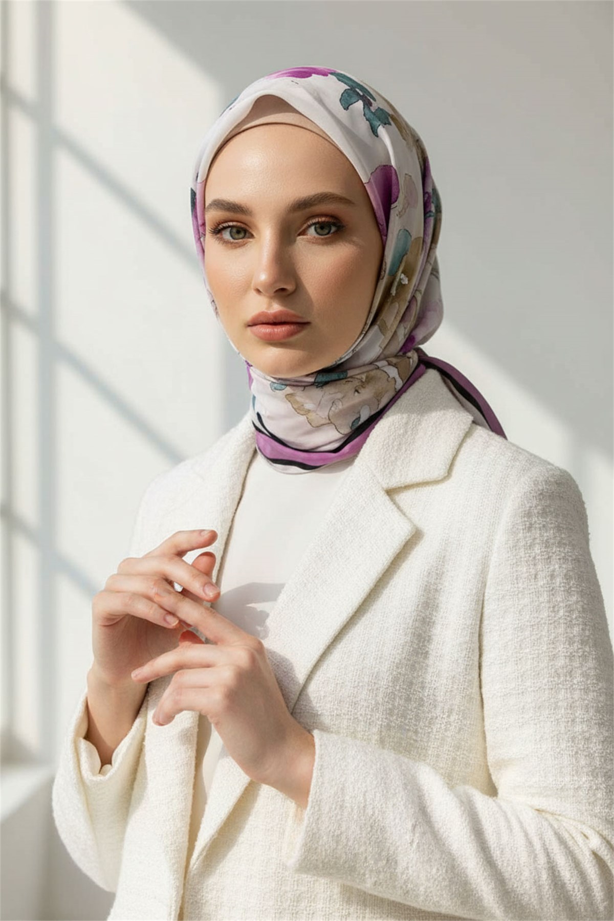 KREP ÇİÇEK DESENLİ BEJ - TABA RENKLİ 75X195 KIRIŞMAZ ŞAL
