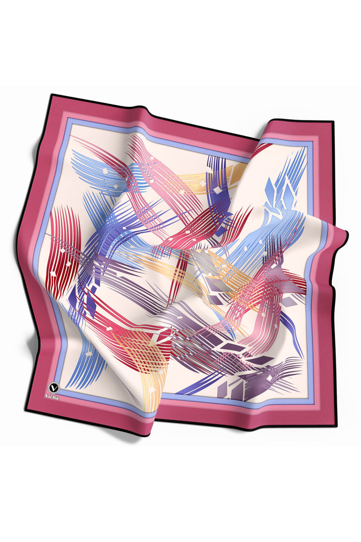 Twill Geometrik Desenli Pembe Renkli 90x90 Eşarp (İpek İçermez) Kenar Dikiş Şekli El Dikişli
