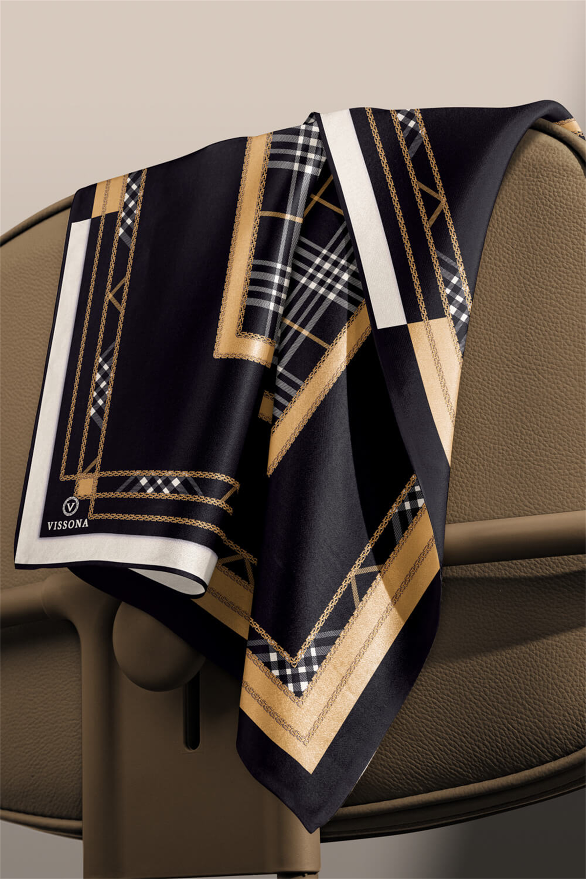 % 57 İPEK % 43 VİSKON Twill İpek Ekose Desenli Gold Renkli 90x90 Eşarp Dikim Şekli : El Dikişi