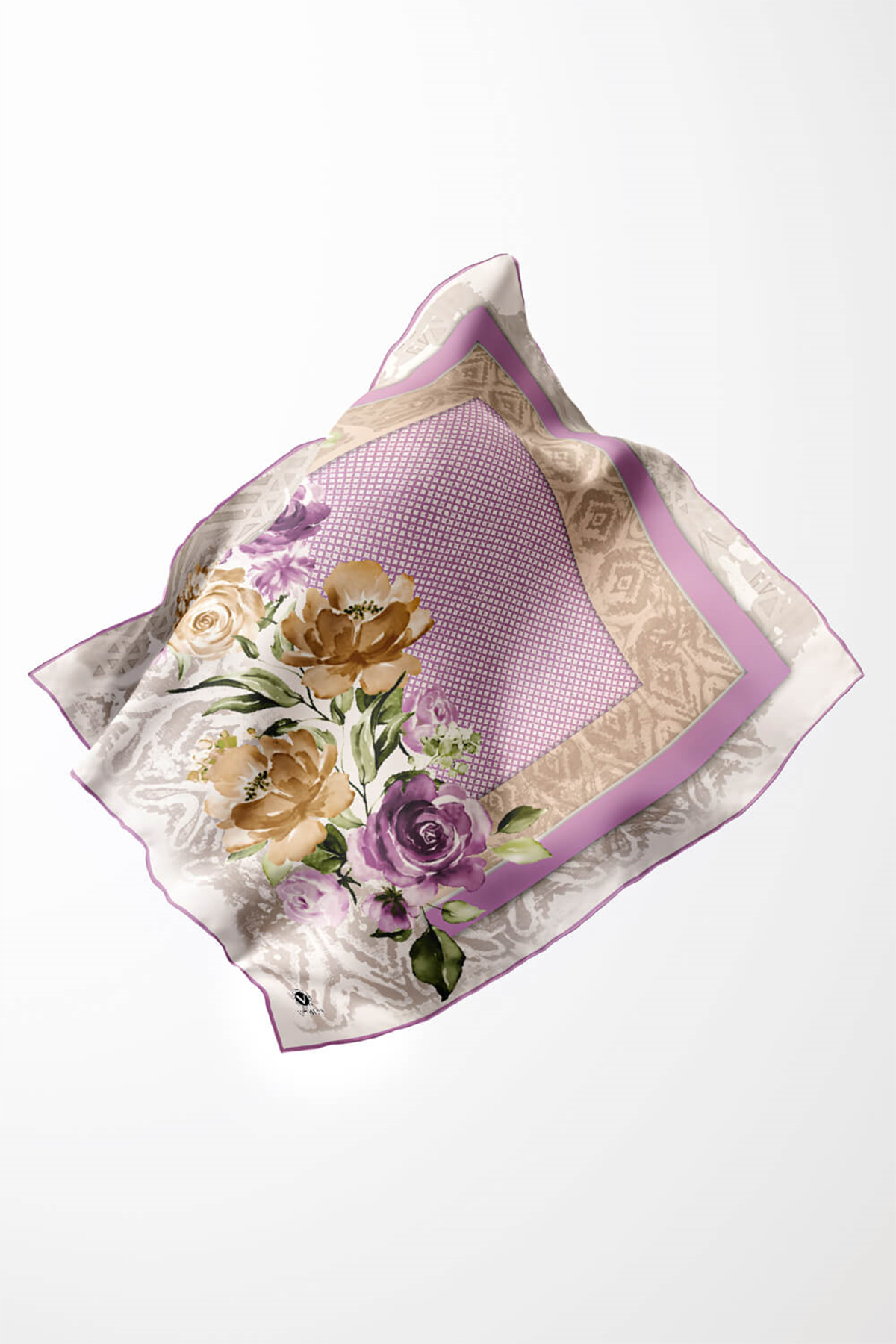 Twill Çiçek Desenli Lila Renkli 90x90 Eşarp (İpek İçermez) Kenar Dikiş Şekli El Dikişli