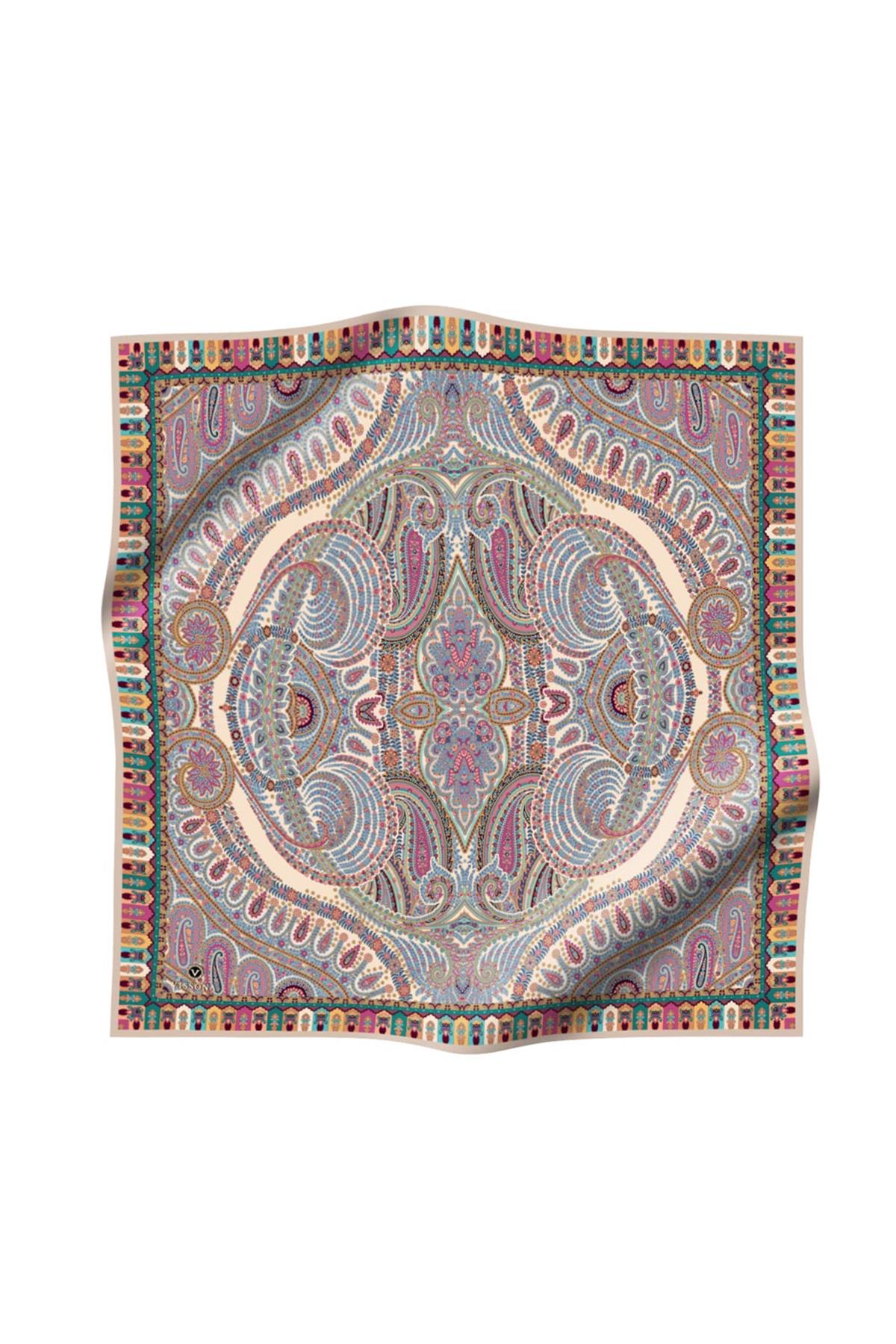 %100 Twill İpek Etro Desenli Vizon - İndigo Renkli 90x90 Eşarp Dikim Şekli : El Dikişi
