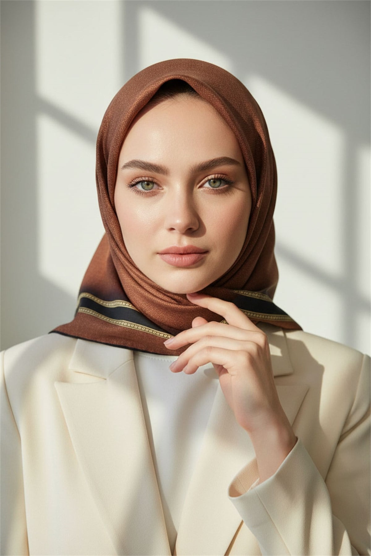 %100 Twill İpek Dokulu Şerit Desenli Siyah - Taba Renkli 90x90 Eşarp Dikim Şekli : El Dikişi