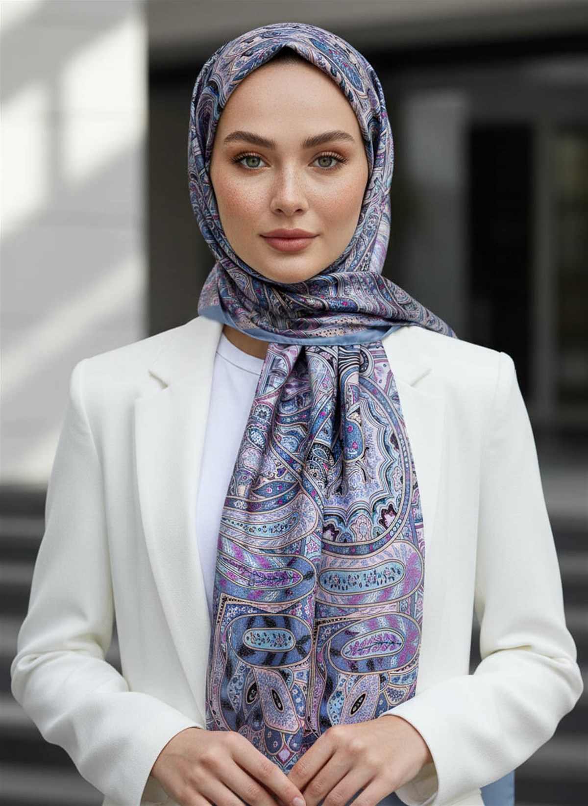 %100 Saf İpek Şal İnce Saten Vual Dokuma Etnik Desenli İndigo Renkli 90x210 Şal