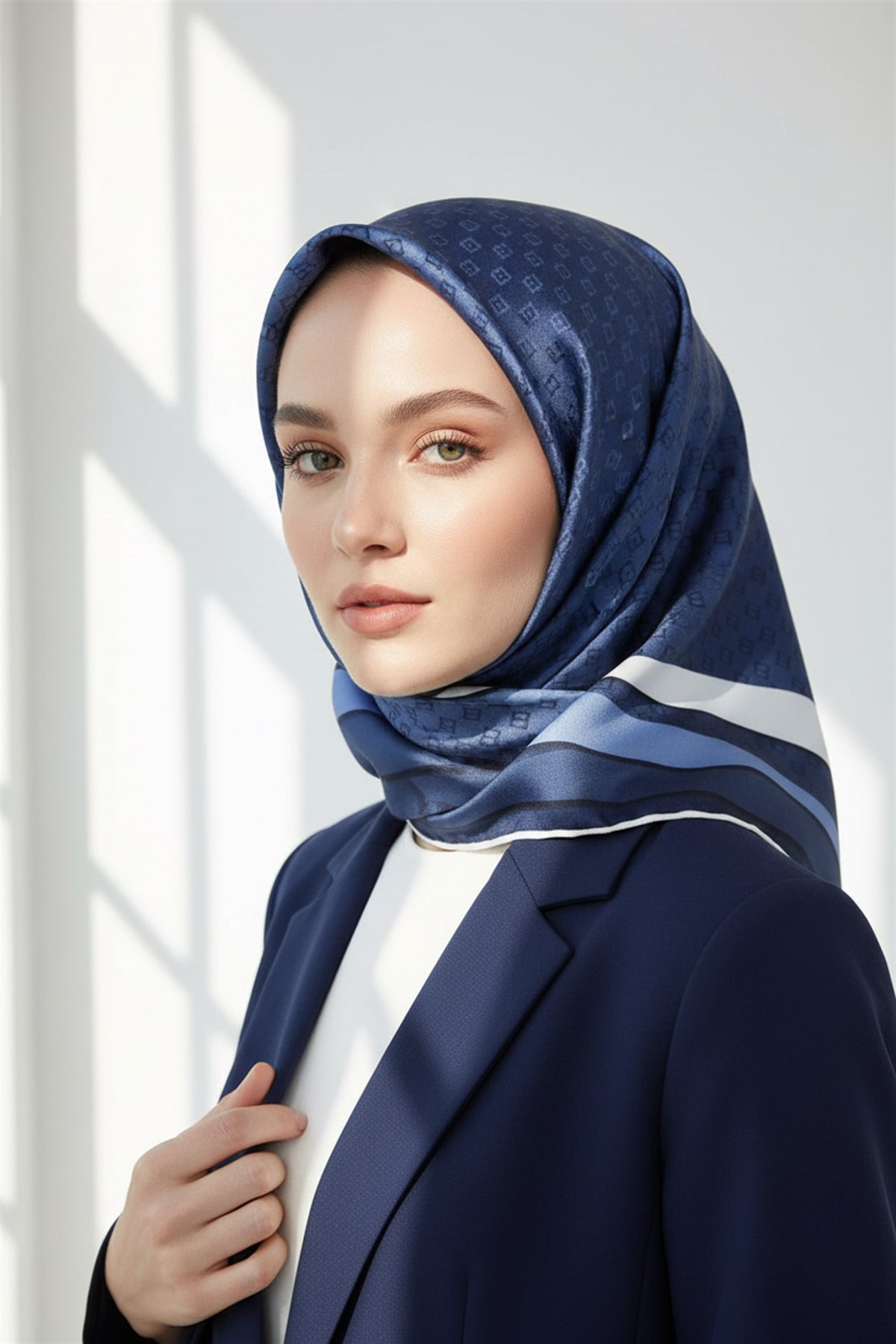 %100 Twill İpek Degrade Desenli İndigo - Bebe Mavisi Renkli 90x90 Eşarp Dikim Şekli : El Dikişi