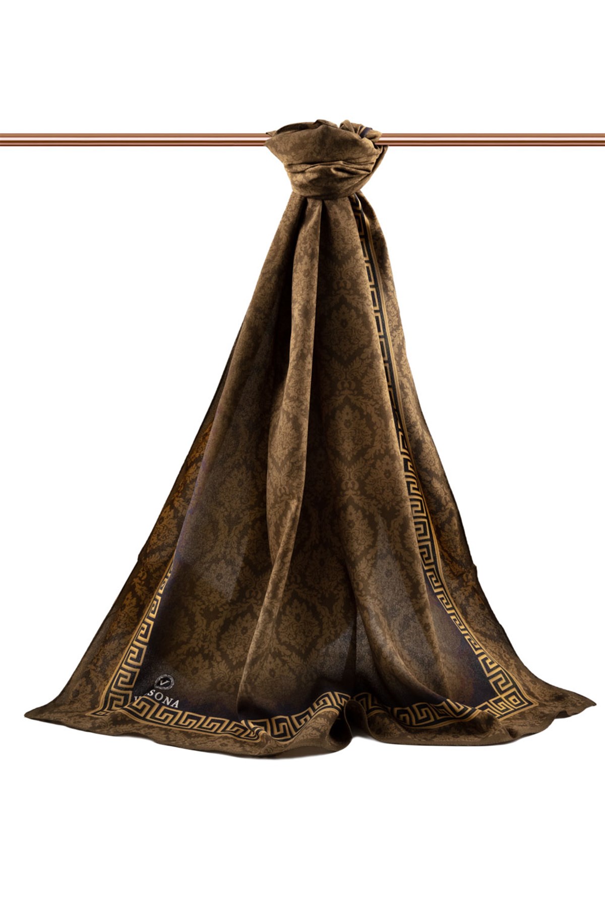 KREP GOLD DETAYLI BAROK DESENLİ KAHVERENGİ RENKLİ 75X195 KIRIŞMAZ ŞAL