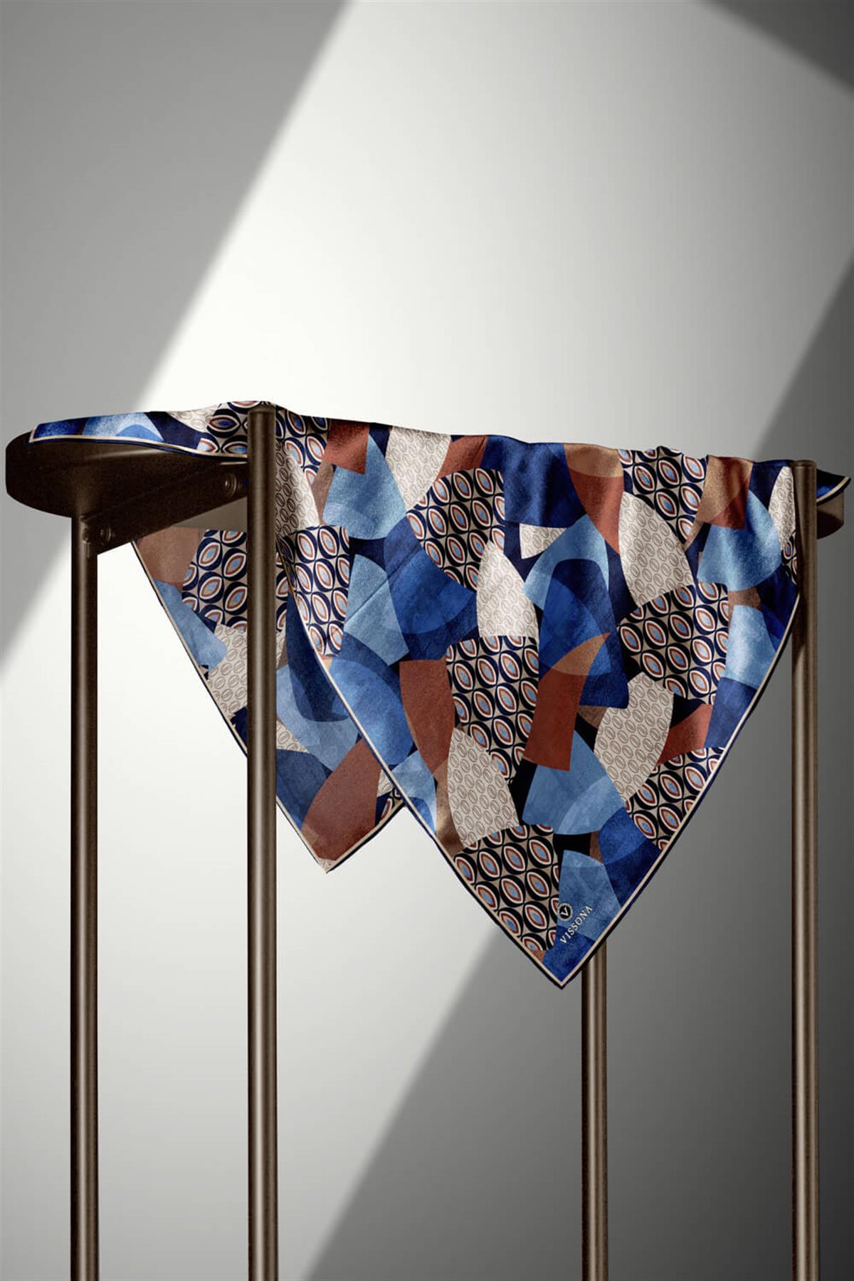 %100 Twill İpek Geometrik Desenli Lacivert- Taba Renkli 90x90 Eşarp Eşarp Kenar Dikiş Şekli El Dikişli