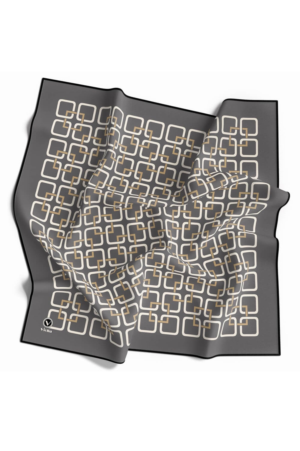Twill Geometrik Desenli Gri Renkli 90x90 Eşarp (İpek İçermez) Kenar Dikiş Şekli El Dikişli