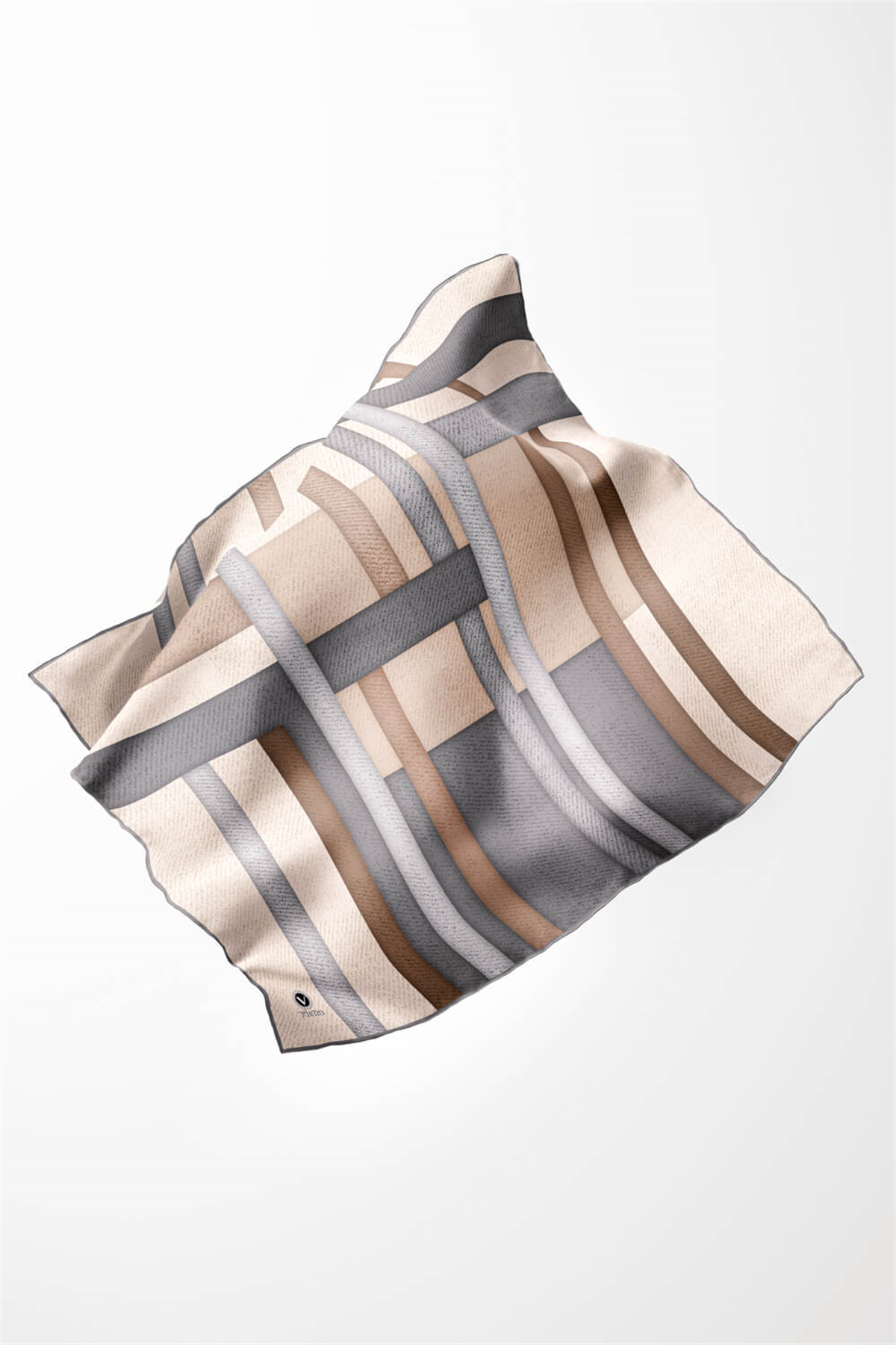Twill Renkli Şerit Desenli Gri Renkli 90x90 Eşarp (İpek İçermez) Kenar Dikiş Şekli El Dikişli