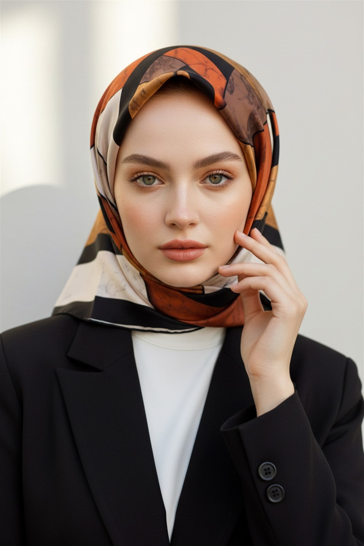 %100 Twill İpek Geometrik Mermer Desenli Siyah - Taba Renkli 90x90 Eşarp Dikim Şekli : El Dikişi