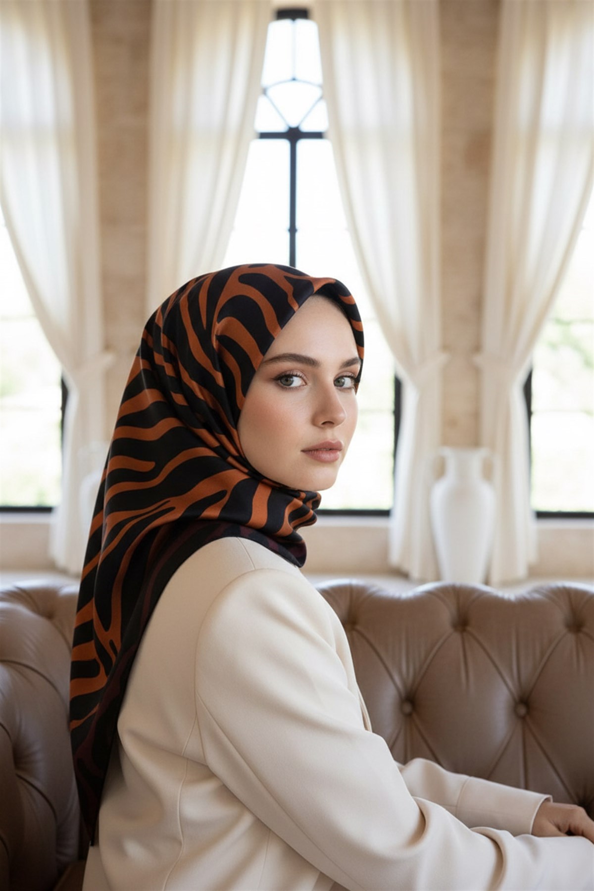 %100 Twill İpek Zebra Desenli Taba - Siyah Renkli 90x90 Eşarp Dikim Şekli : El Dikişi