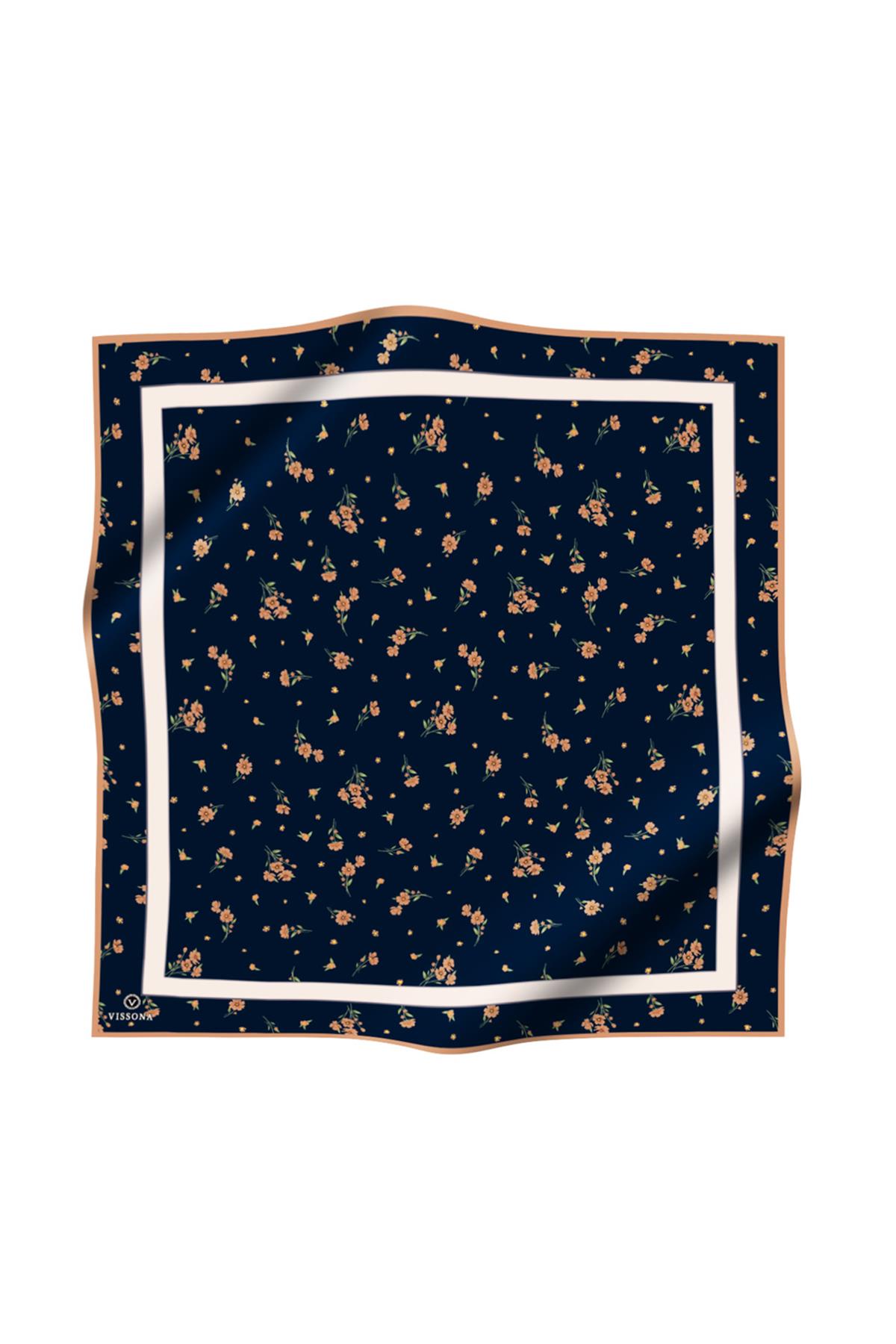 100% Twill İpek Bordürlü Çıtır Çiçek Desenli Lacivert - Gold Renkli 90x90 Dikim Şekli : El Dikişi Eşarp