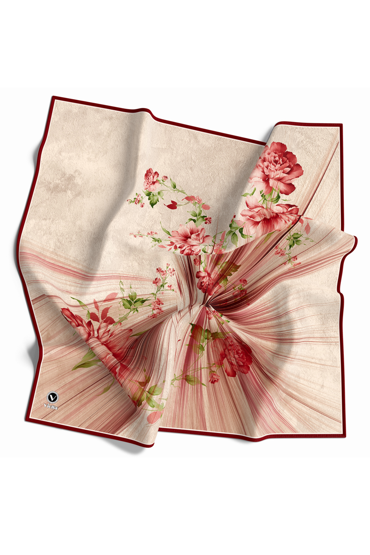 Twill Çiçekli Desenli Bordo Renkli 90x90 Eşarp (İpek İçermez) Kenar Dikiş Şekli El Dikişli
