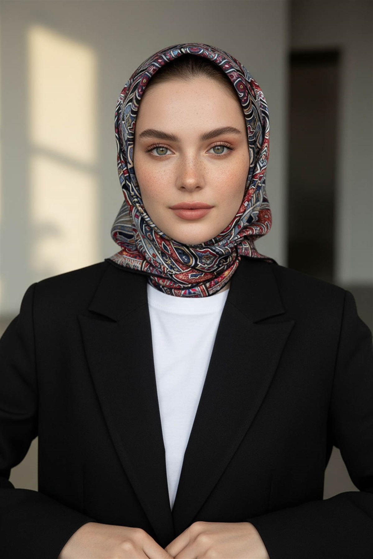 100% Twill İpek Etnik Desenli Bordo - İndigo Renkli 90x90 Dikim Şekli : El Dikişi Eşarp