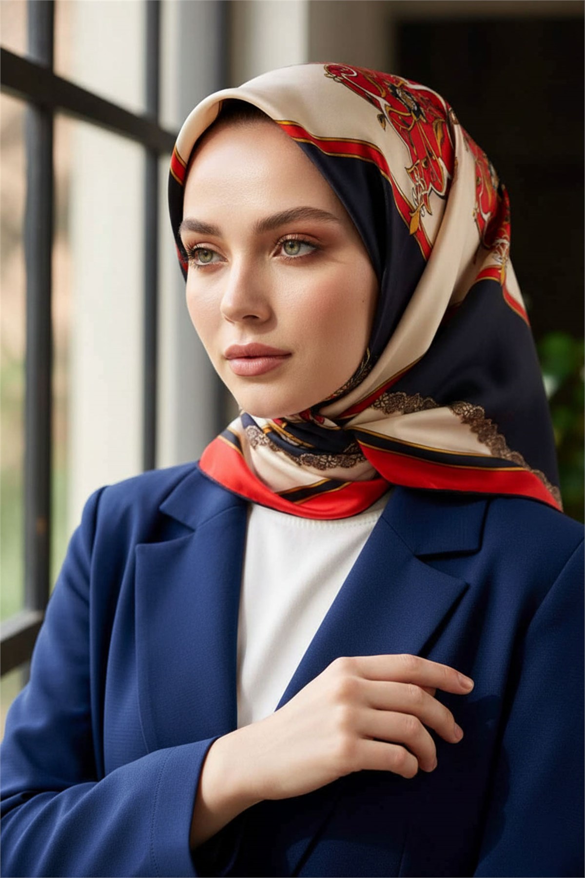 %100 Twill Barok Desenli Kırmızı - Lacivert Renkli 90x90 Eşarp Dikim Şekli: El Dikişi