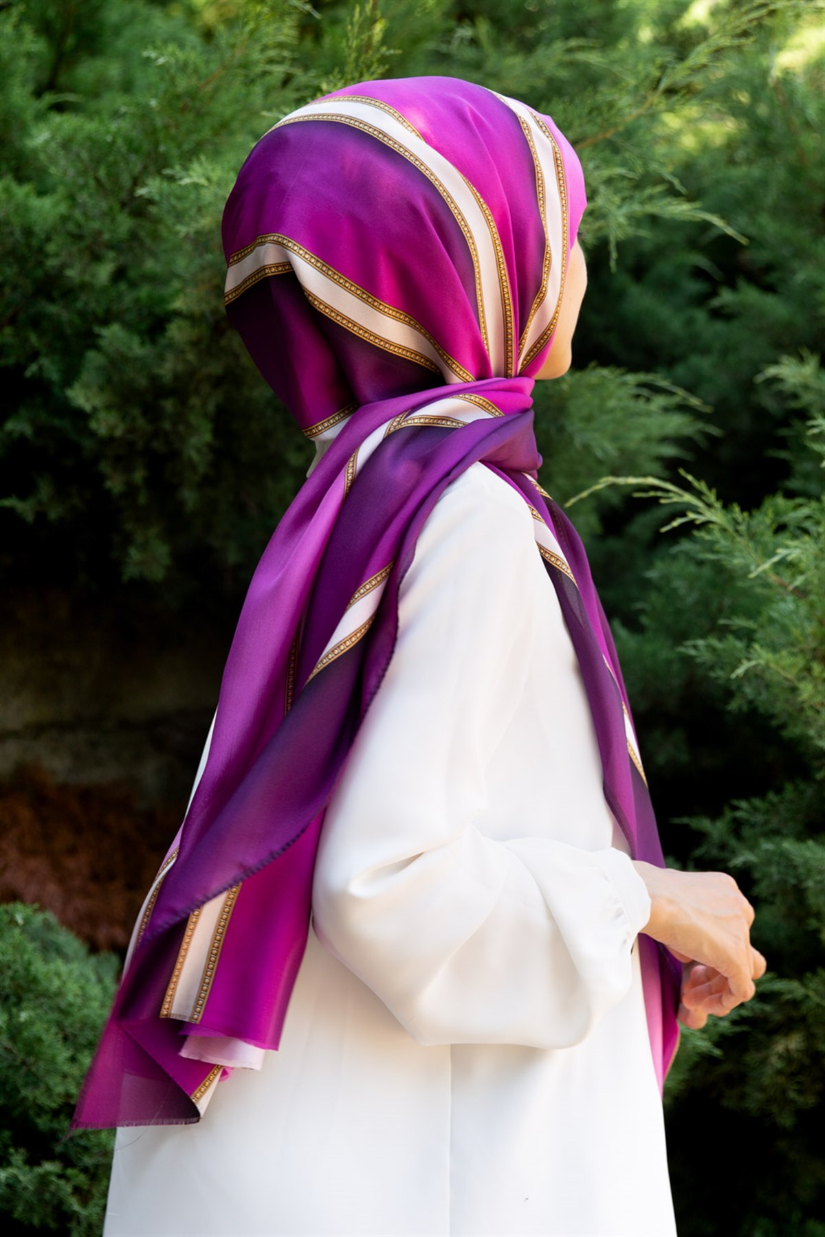 %100 İpek Şerit Desenli Mürdüm - Krem Renkli 92x210 Şal