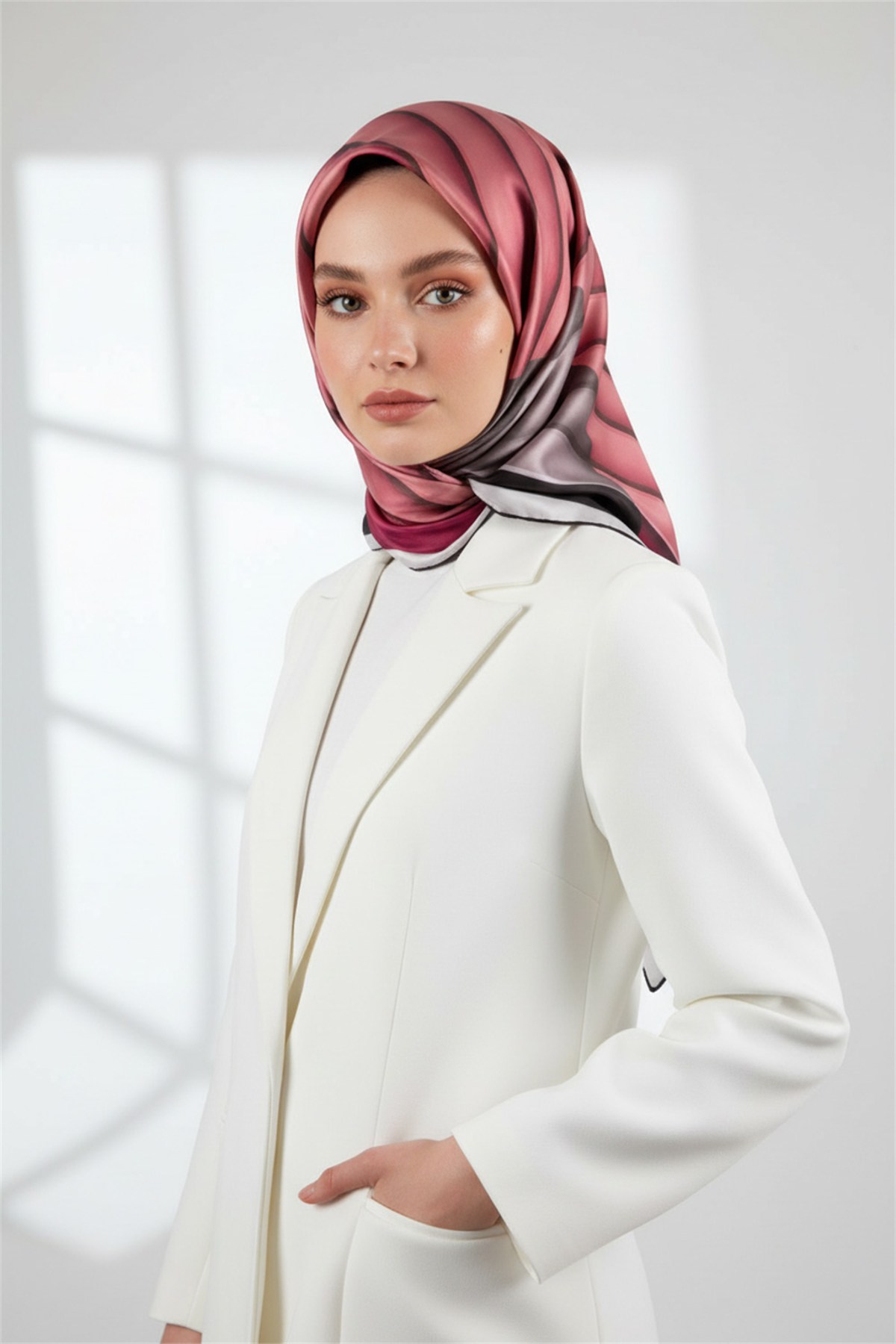 Rayon Zikzak Çizgi Desenli Pembe Renkli 90x90 Eşarp (İpek İçermez) Dikim Şekli : El Dikişi