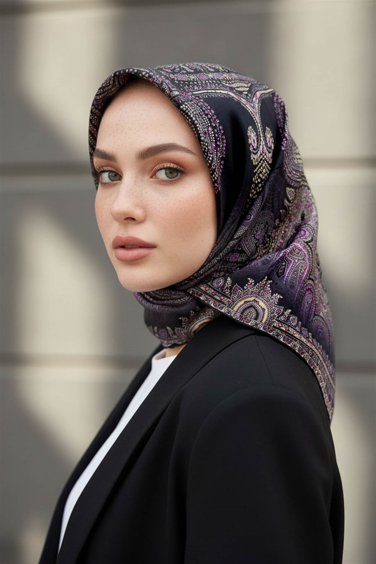 %100 Twill İpek Şal Desenli Siyah Renkli 90x90 Eşarp Dikim Şekli : El Dikişi