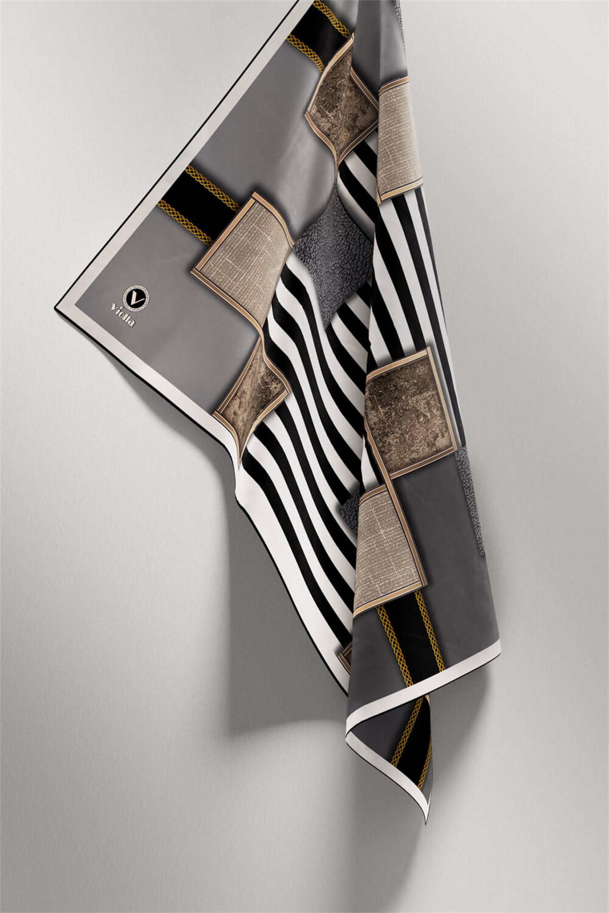 Twill Geometrik Ve Çizgili Desenli Gri Renkli 90x90 Eşarp (İpek İçermez) Dikim Şekli : El Dikişi