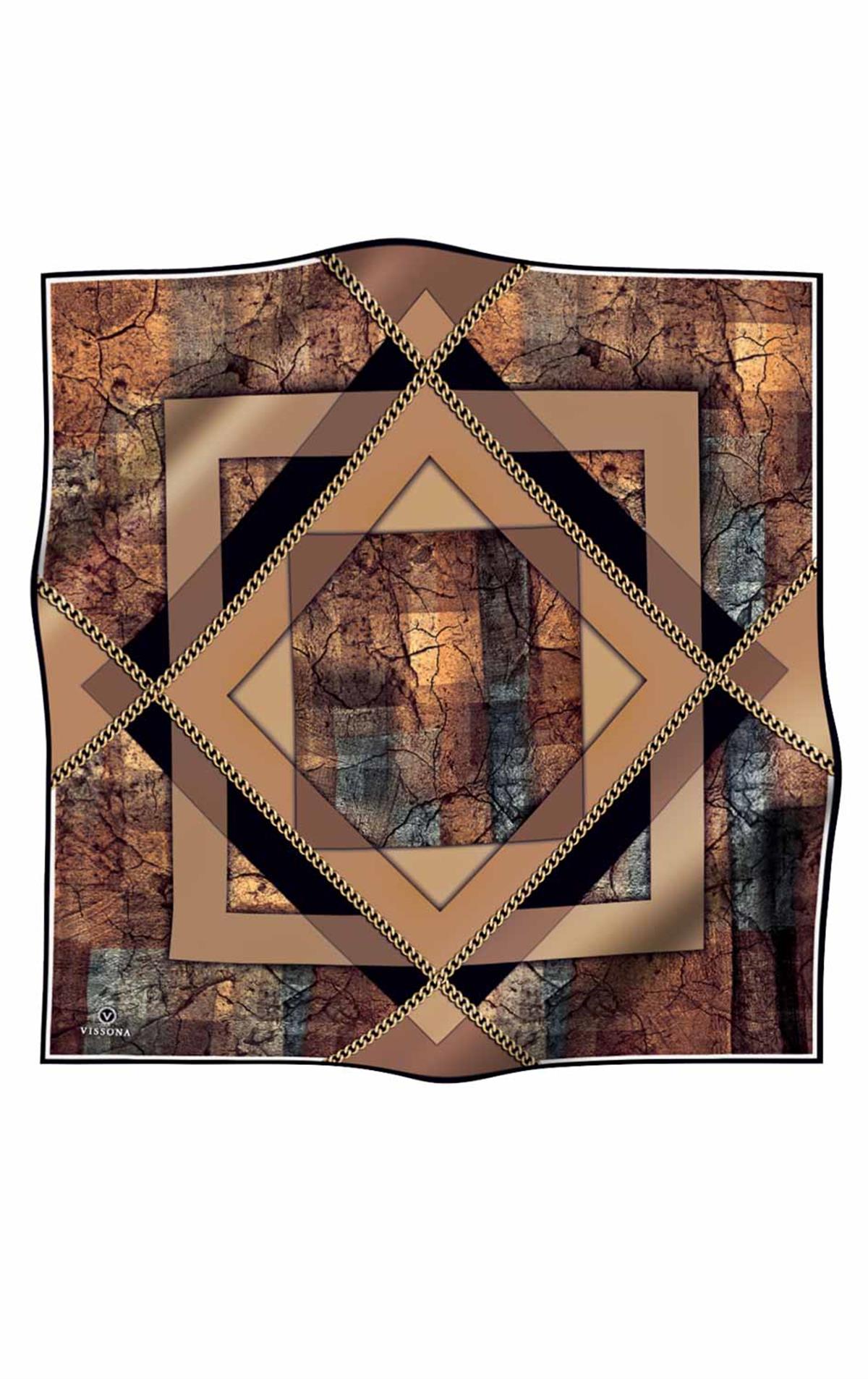%100 Twill İpek Taş Efekti Desenli Hardal - Siyah Renkli 90x90 Eşarp Dikim Şekli : El Dikişi